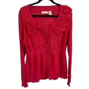 Vtg Y2K DKNY XL Babydoll Strawberry Red Ruffle Neck Embellished Button Cardigan
